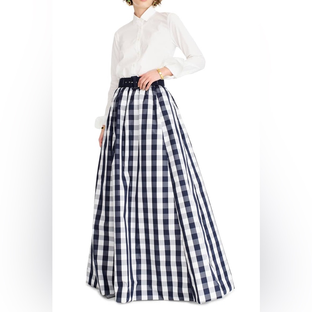 J.Crew Taffeta Belted Ball Skirt in Navy Ivory Oversized Gingham